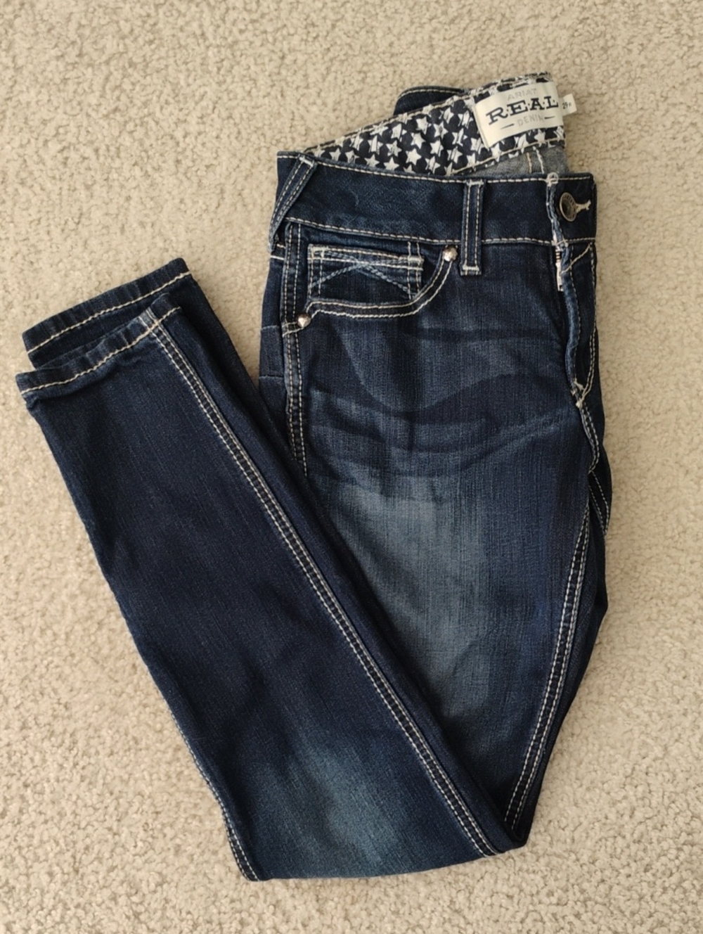 Ariat REAL Denim Celestial Mid-Rise Skinny Ella Dark Blue Contrast Stitching 29R